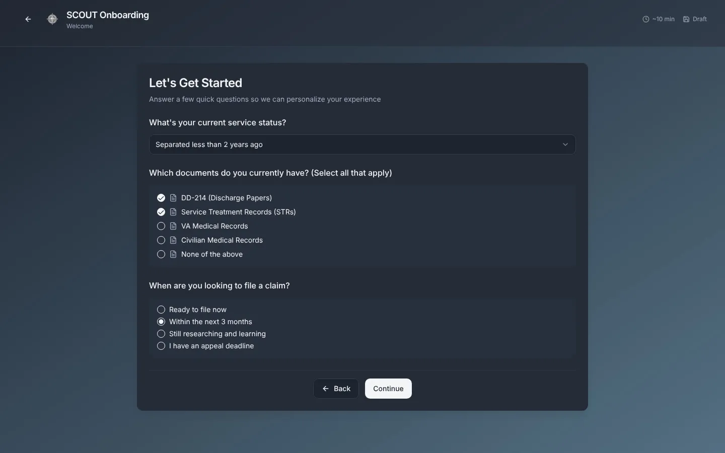 SCOUT asks a few questions to choose a readiness path