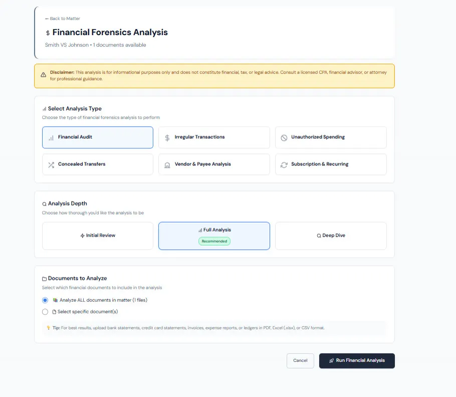 A VeritasIQ financial forensics analysis screen