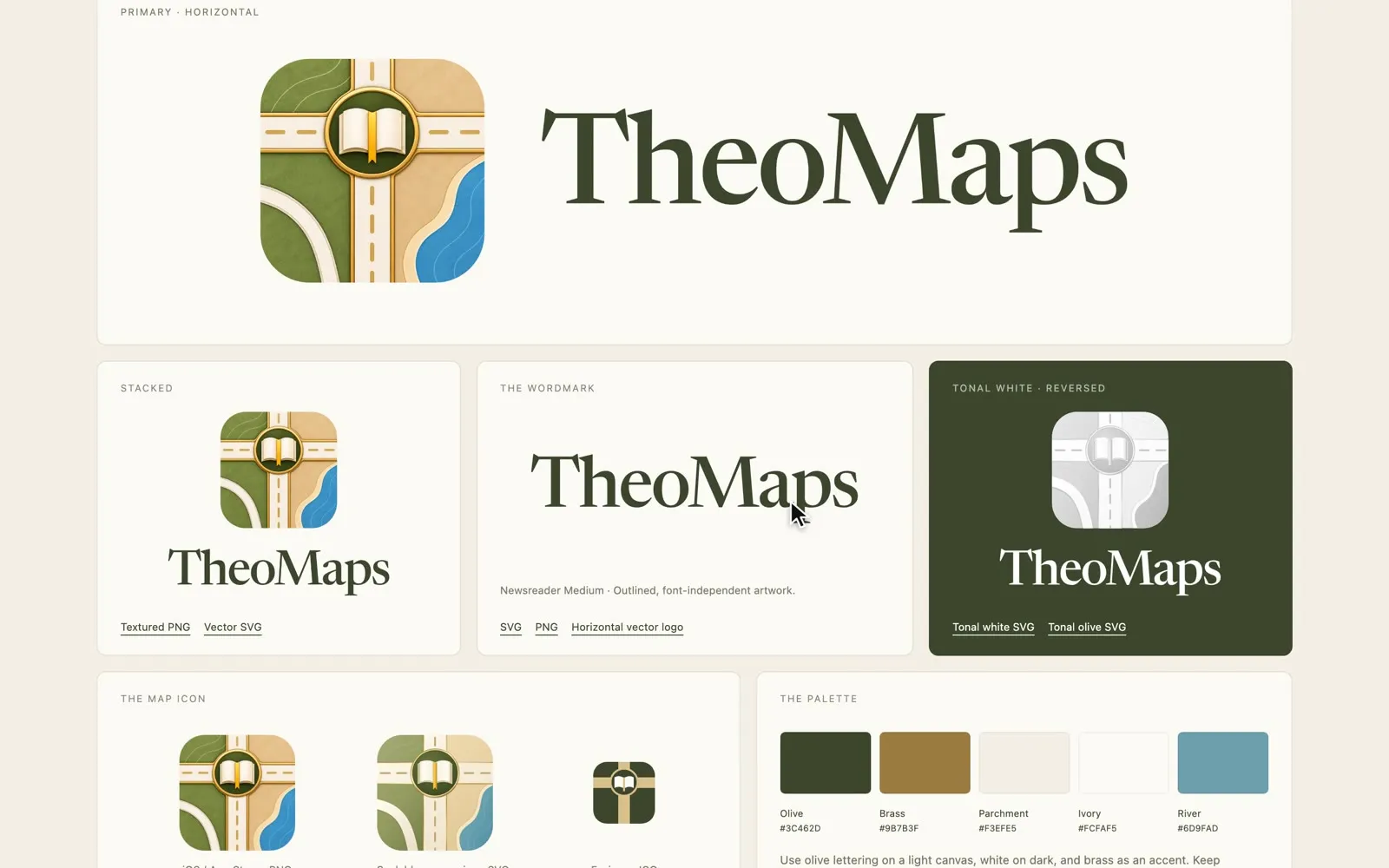 The TheoMaps brand system: parchment and brass
